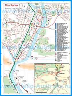 Подробная туристическая карта города Алис-Спрингс с отелями